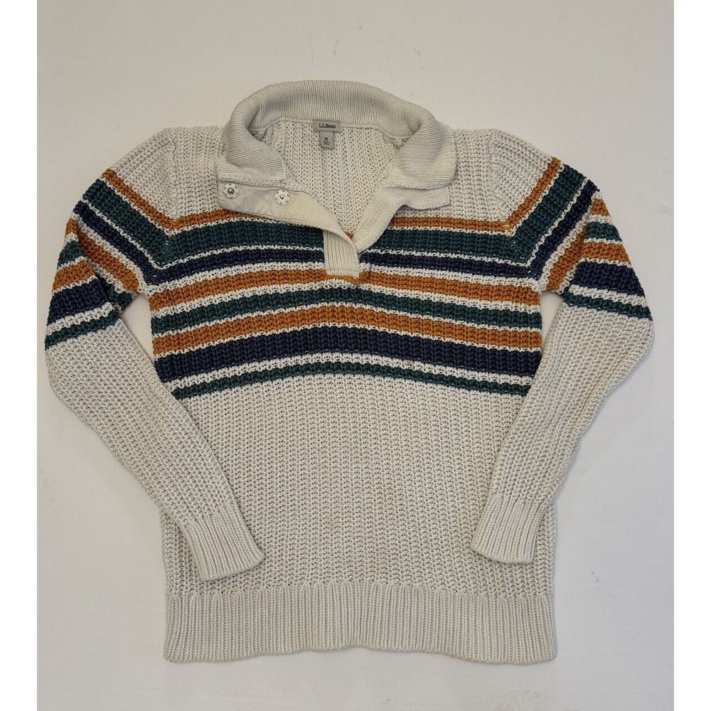 LL Bean Womens‎ Rope Stitch Shaker Mockneck Henley Striped Medium